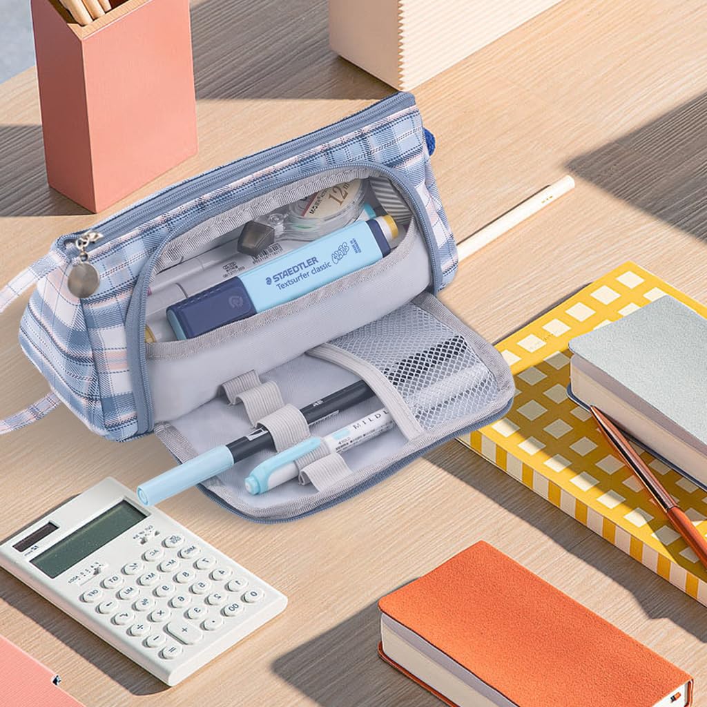 Climberty Schoolgirls Plaid Canvas Pencil Case - Big Capacity Pencil Case Pencil Bag Pouch with Multi Interior Compartments & Handle, Stationery Pen Cases for Stationery, Cosmetics & Travel (Blue) Climberty Schoolgirls Plaid Canvas Pencil Case - Big Capacity Pencil Case Pencil Bag Pouch with Multi Interior Compartments & Handle, Stationery Pen Cases for Stationery, Cosmetics & Travel (Blue)